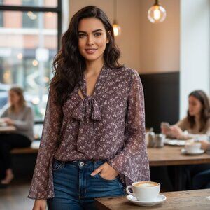 Anthropologie BELLATRIX GRAY SHEER LONG SLEEVE BLOUSE BLOUSE BELL SLEEVES Floral